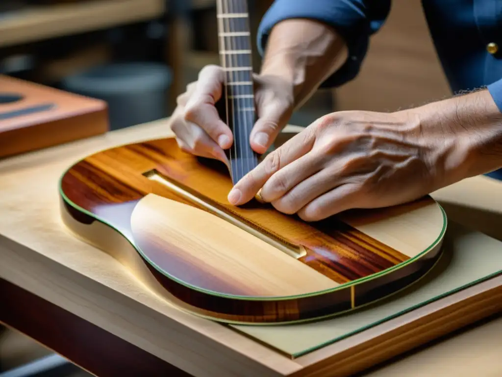 Un luthier experto selecciona cuidadosamente maderas exóticas para guitarras acústicas, resaltando su belleza natural