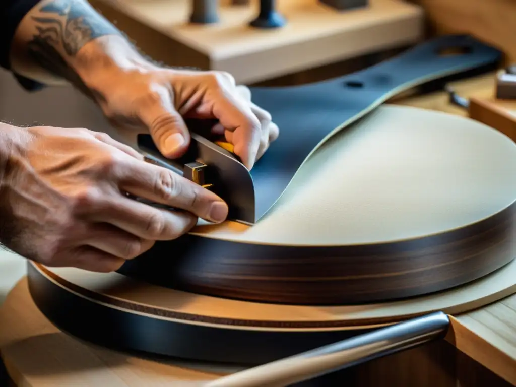 Un luthier experto moldea materiales compuestos con precisión, resaltando el potencial acústico de los instrumentos musicales