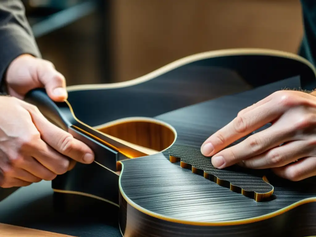 Un luthier experto moldea con precisión materiales compuestos para crear un cuerpo de guitarra con potencial acústico excepcional