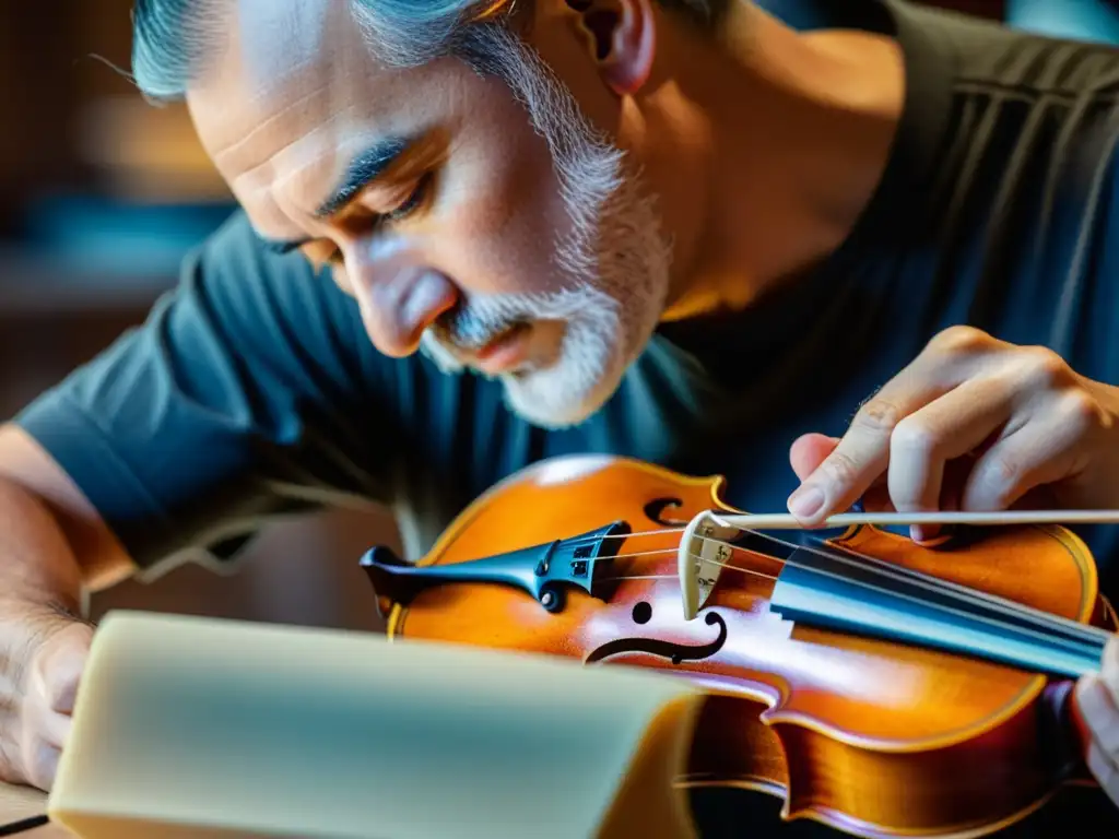 Un luthier experto esculpe con precisión materiales innovadores en el cuerpo de un violín, fusionando tradición e innovación en lutería