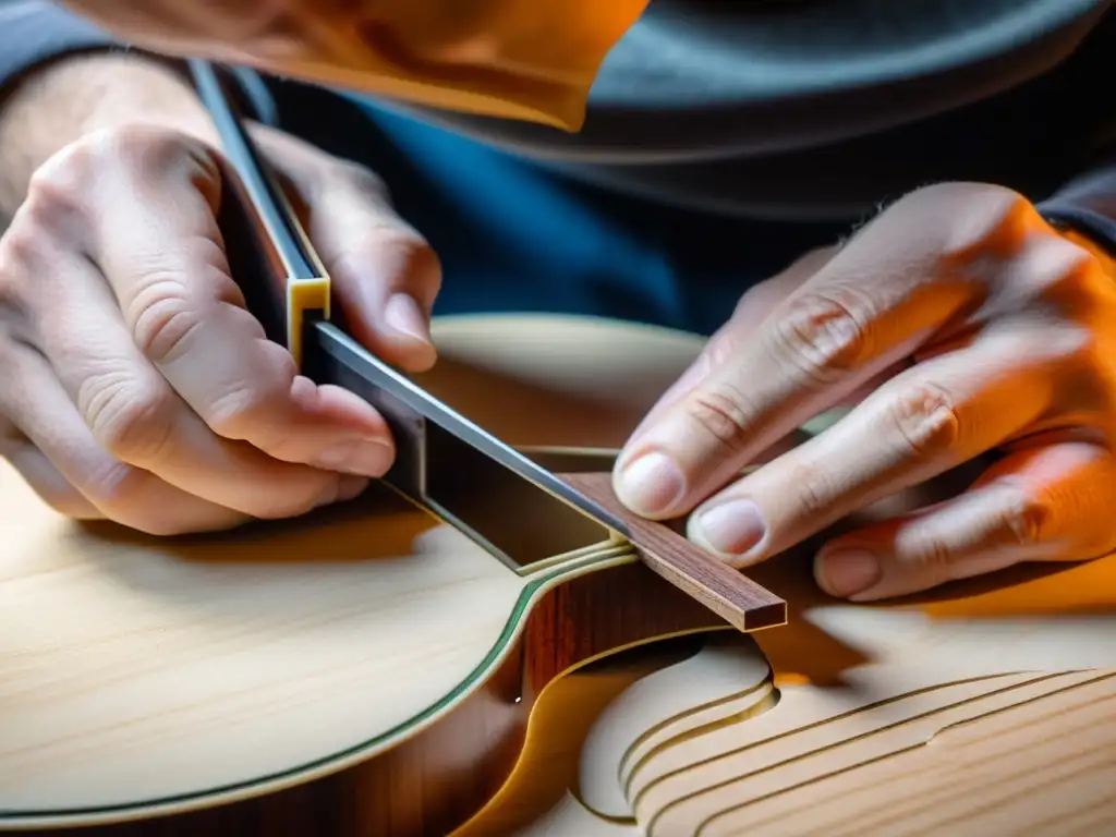 Un luthier experto realiza mejoras en resonancia de una guitarra acústica, esculpiendo el refuerzo con precisión y dedicación