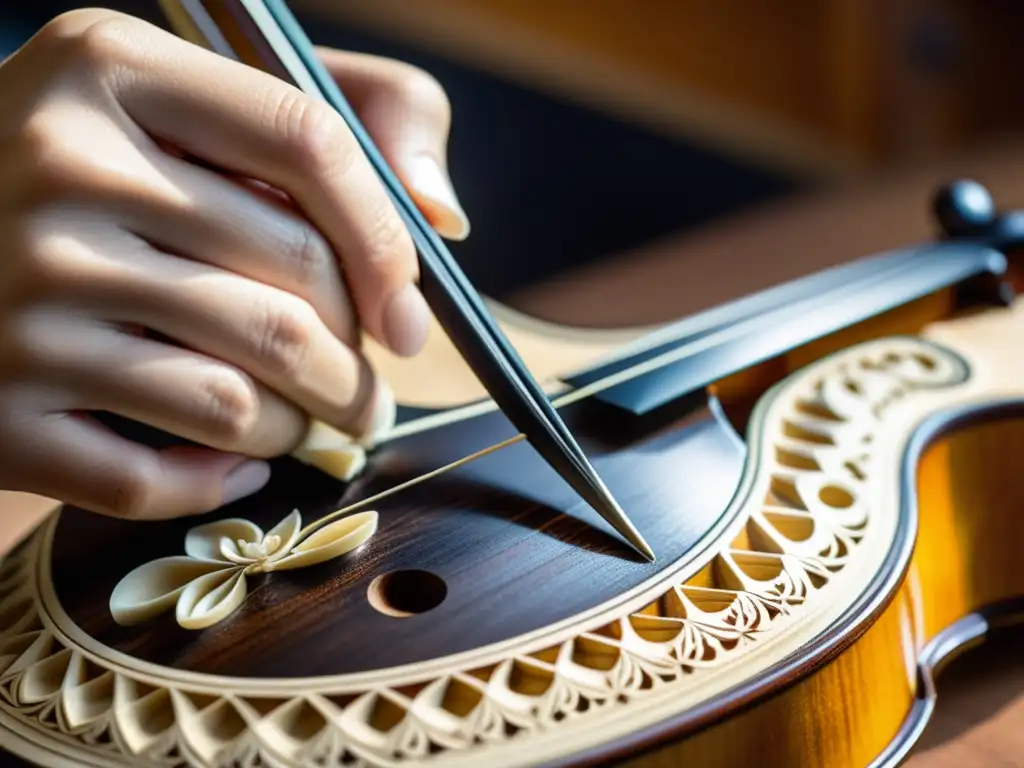 Un luthier experto realiza meticulosas incrustaciones de marquetería en un violín, bañado en cálida luz natural