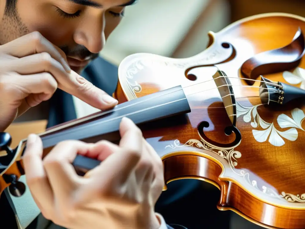 Un luthier experto realiza meticulosas incrustaciones de nácar en un violín personalizado