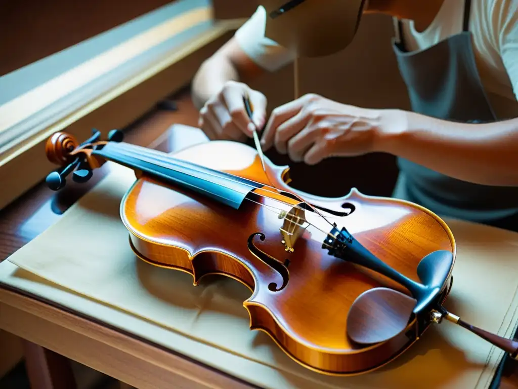 Un luthier experto restaura con meticulosidad la madera de un violín contemporáneo, resaltando su belleza natural