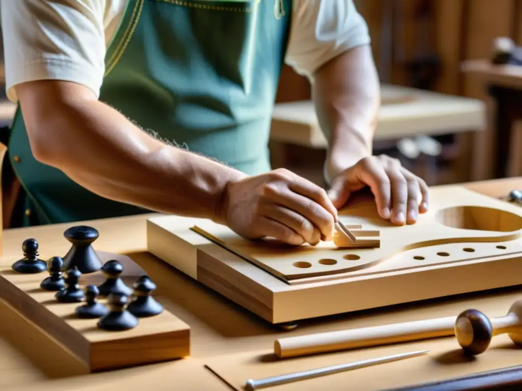 Un luthier experto ensambla con meticulosidad las piezas de un instrumento, destacando las técnicas de unión y aplicación de adhesivos en la construcción de instrumentos musicales
