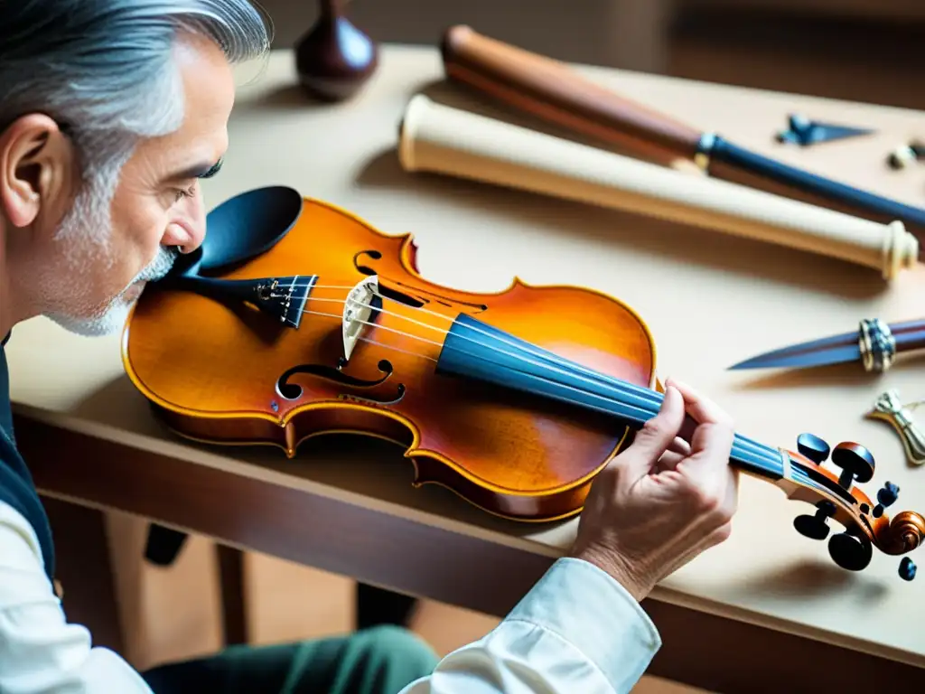 Un luthier experto restaura con meticulosidad un violín antiguo, resaltando la restauración de instrumentos musicales antiguos