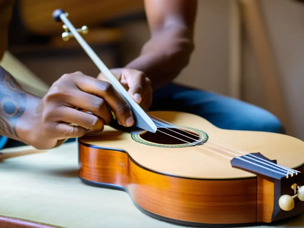 Un luthier experto construye con pasión un cavaquinho brasileño, mostrando la meticulosa artesanía y la rica historia del instrumento