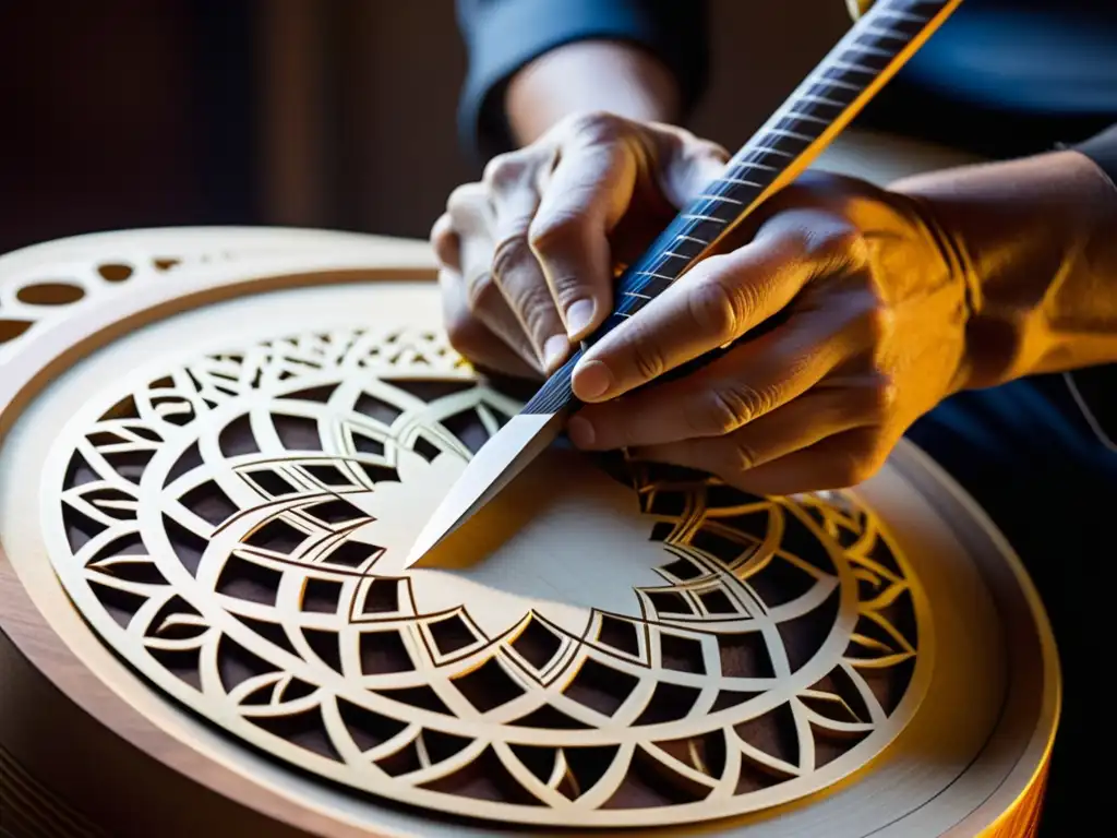 Un luthier experto talla patrones en un bouzouki eléctrico, fusionando tradición griega y modernidad con destreza artesanal