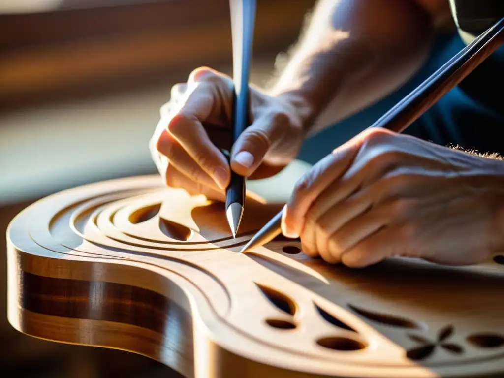 Un luthier experto talla patrones en la delicada tabla armónica de una Viola da gamba