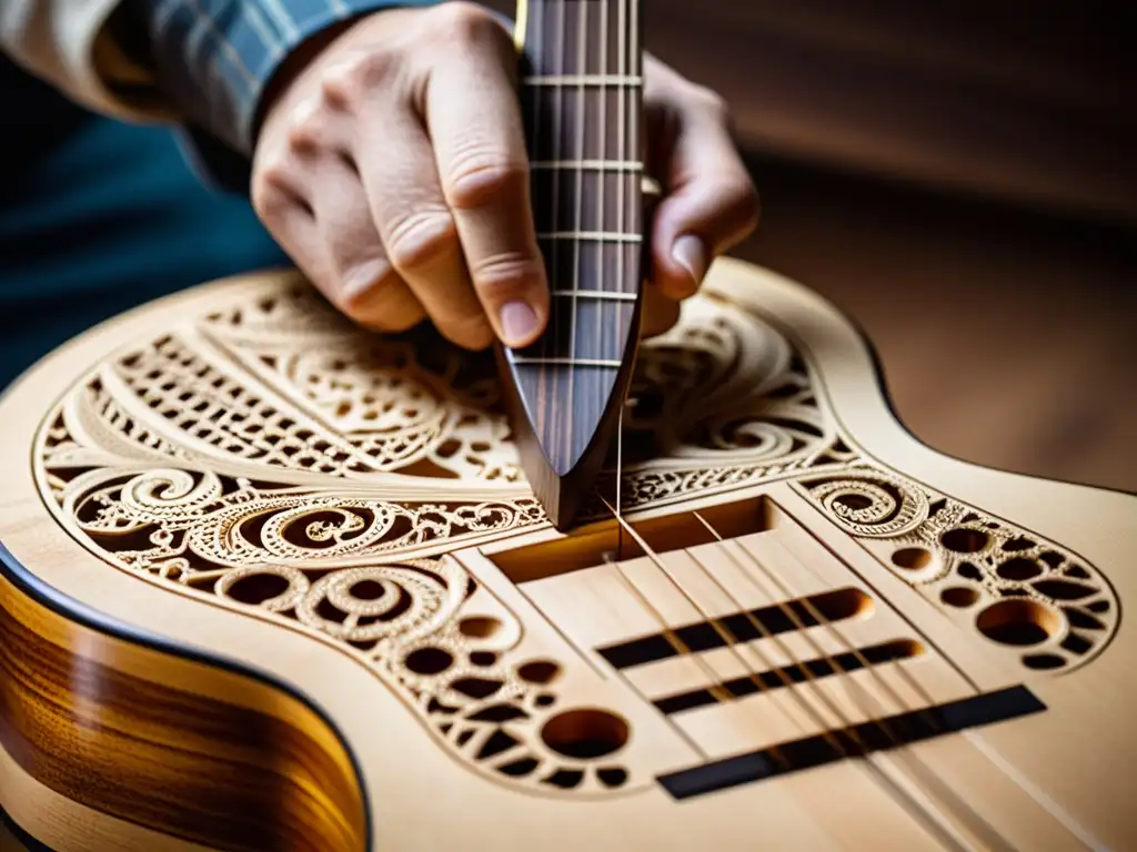 Un luthier experto talla patrones en una guitarra de alta calidad, fusionando tecnología y tradición