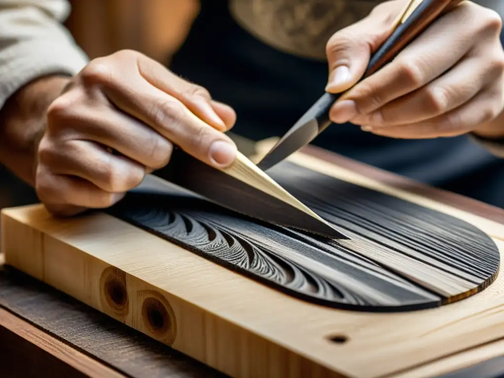 Un luthier experto talla patrones en madera quemada, mostrando la meticulosa construcción de instrumentos musicales con madera quemada