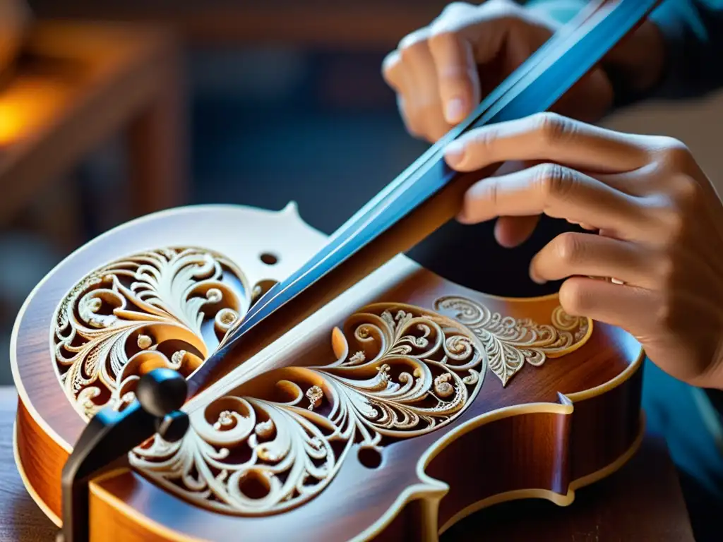 Un luthier experto talla patrones en un violín artesanal, con virutas suspendidas y el cálido brillo del taller