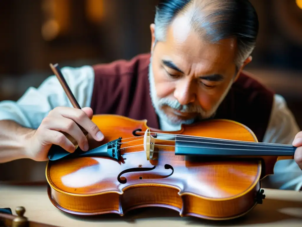 Un luthier experto restaura con precisión una antigua viola, mostrando la dedicación en la restauración de instrumentos musicales antiguos