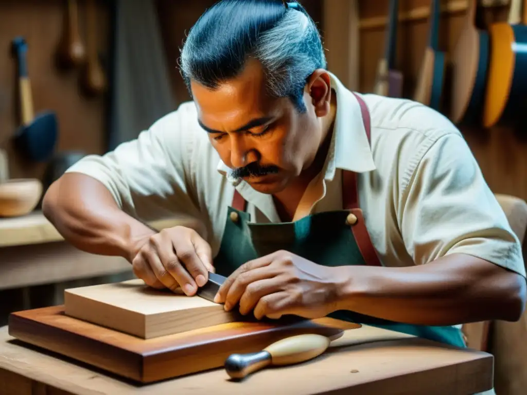 Un luthier experto tallando con precisión el cuerpo de un cuatro venezolano, rodeado de herramientas y virutas de madera