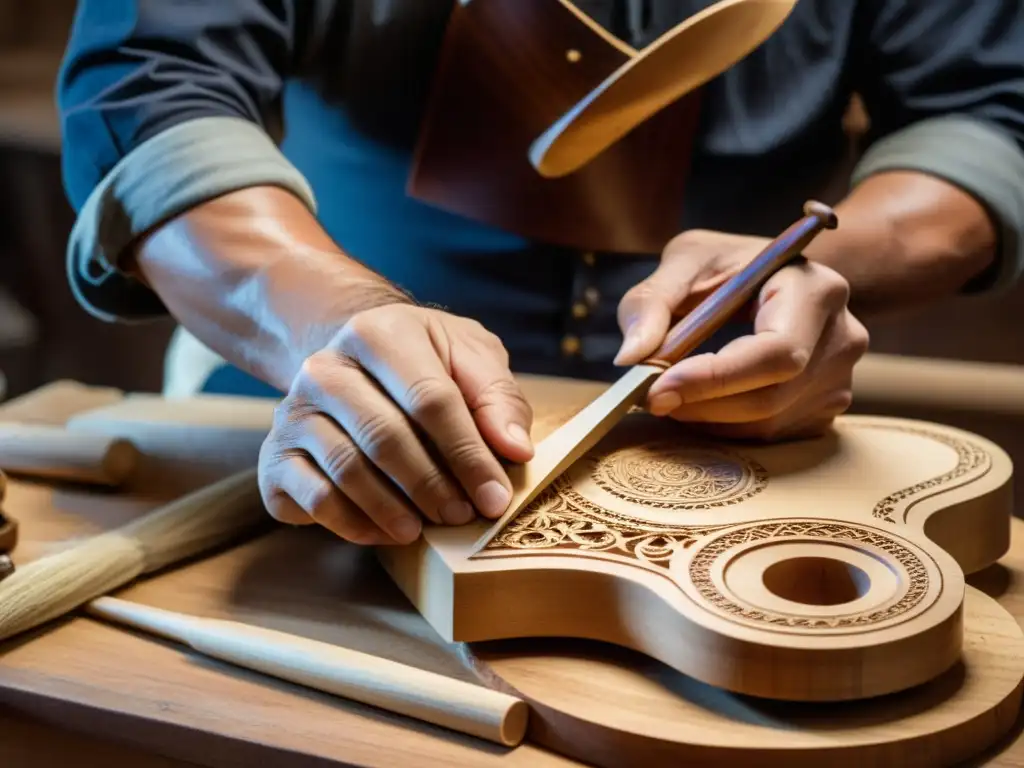 Un luthier experto tallando con precisión el cuerpo de un laúd, destacando la artesanía y tradición detrás de su creación