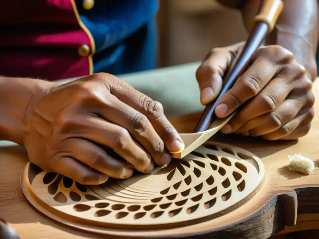 Un luthier experto esculpe con precisión el cuerpo de un Cuatro Venezolano, destacando la historia y construcción del instrumento