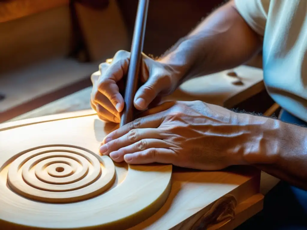 Un luthier experto esculpe con precisión el cuerpo delicado de un Tzouras griego, mostrando la tradición y dedicación en su construcción