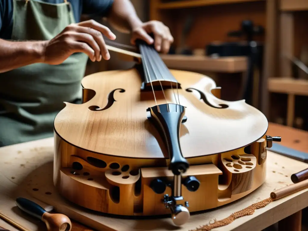 Un luthier experto esculpe con precisión el cuerpo del contrabajo acústico, rodeado de herramientas y virutas de madera