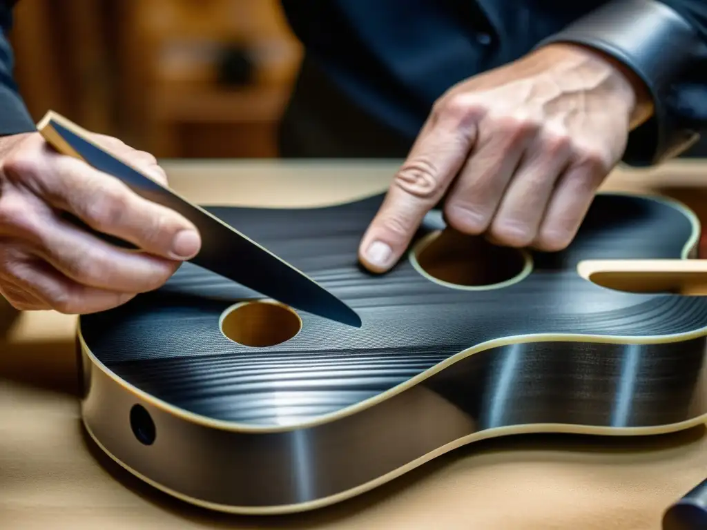 Un luthier experto moldea con precisión un cuerpo de guitarra de fibra de carbono, mostrando la evolución del diseño de guitarras con una artesanía meticulosa