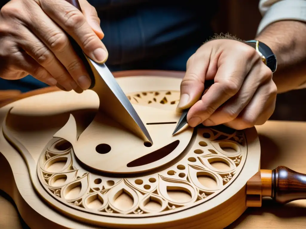 Un luthier experto esculpe con precisión la delicada forma de una mandolina, rodeado de herramientas de mano y virutas de madera