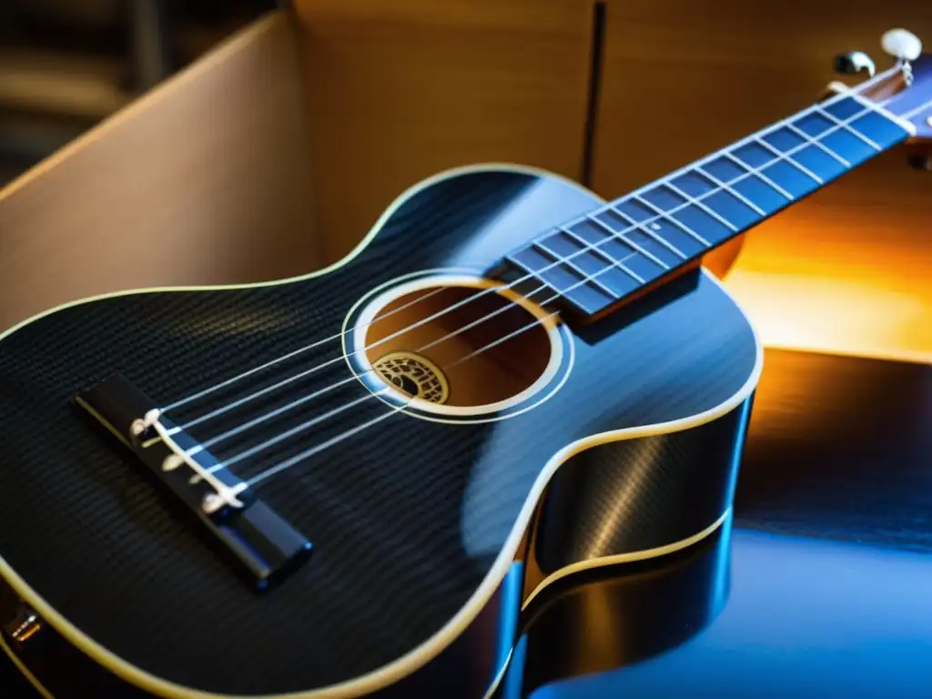 Un luthier experto crea con precisión un ukelele de fibra de carbono en su taller, resaltando la artesanía y la innovación