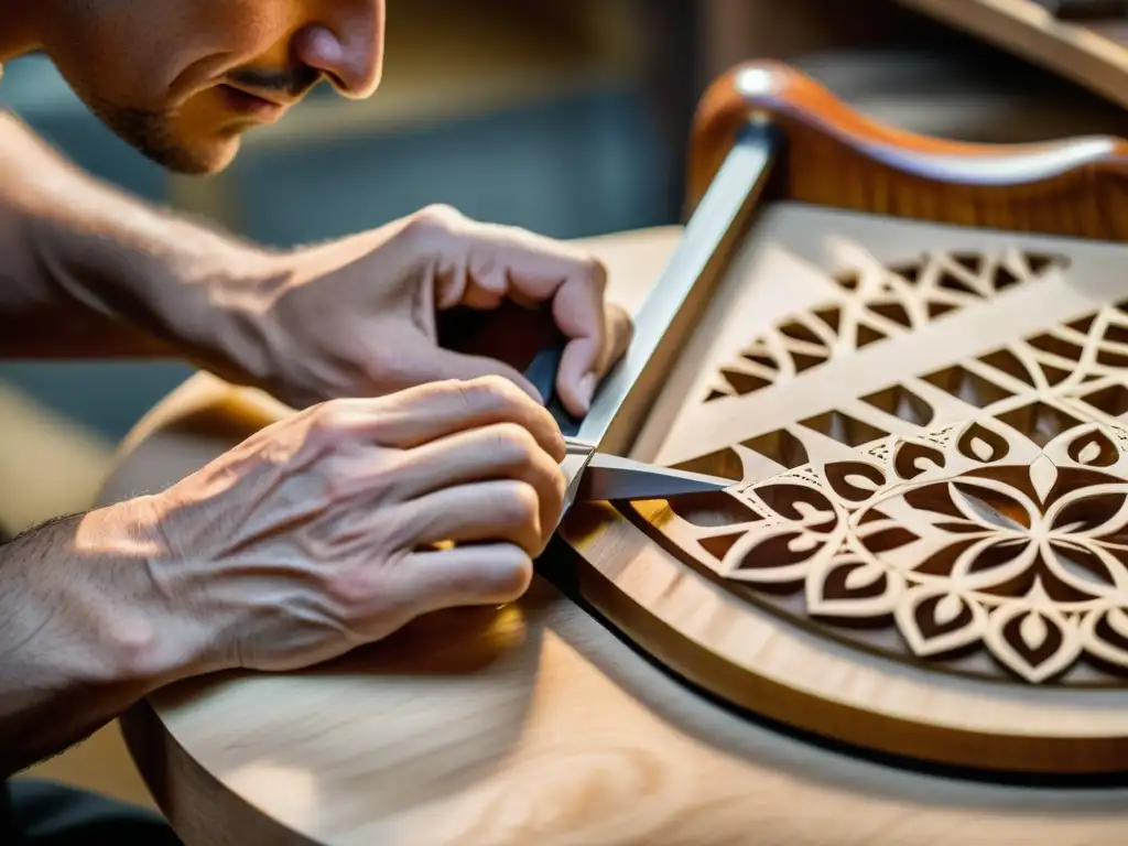 Un luthier experto esculpe con precisión la forma única del harpejji, destacando la historia y construcción del instrumento con destreza artesanal