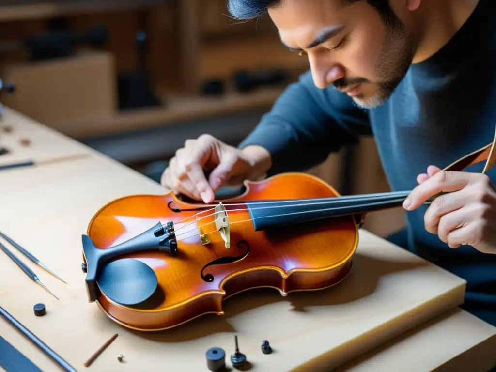 Un luthier experto ajusta con precisión la frecuencia de un violín, destacando la medición acústica en la fabricación de instrumentos musicales