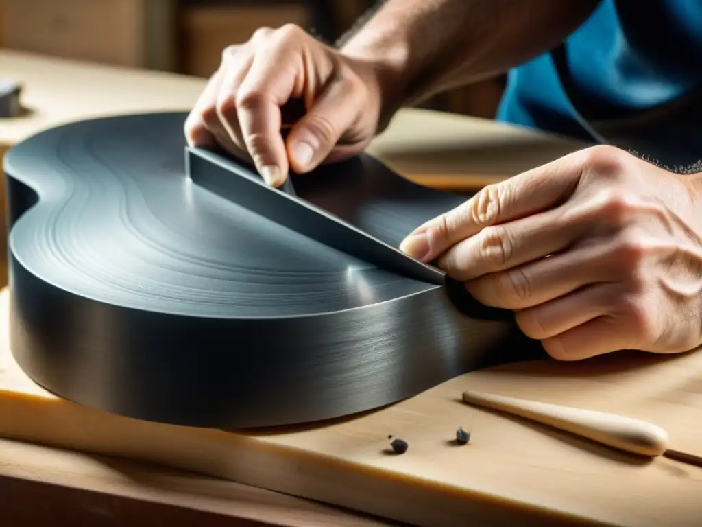 Un luthier experto moldea con precisión el grafito para guitarras eléctricas, resaltando su influencia en la artesanía de alta calidad