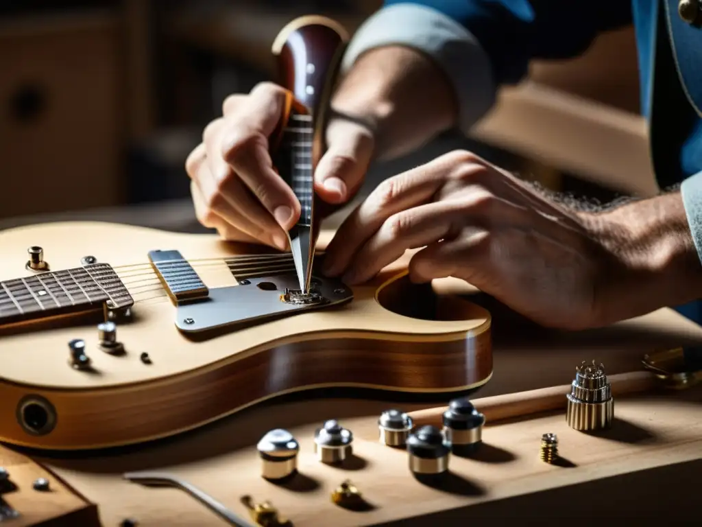 Un luthier experto construye con precisión una guitarra eléctrica vintage en su taller, mostrando la artesanía y la historia pionera