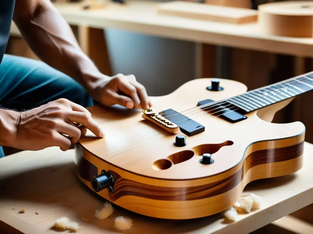 Un luthier experto esculpe con precisión una guitarra eléctrica ergonómica personalizada, destacando el diseño ergonómico de instrumentos musicales