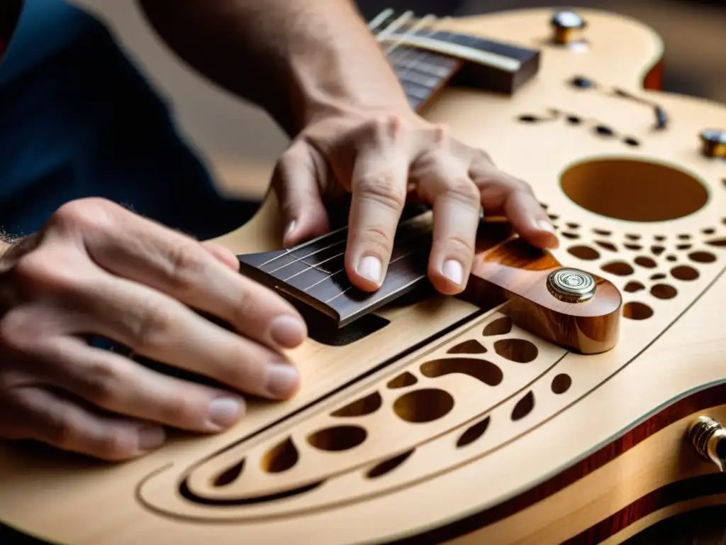 Un luthier experto esculpe con precisión una guitarra eléctrica, destacando la influencia del Jazz en las intrincadas incrustaciones