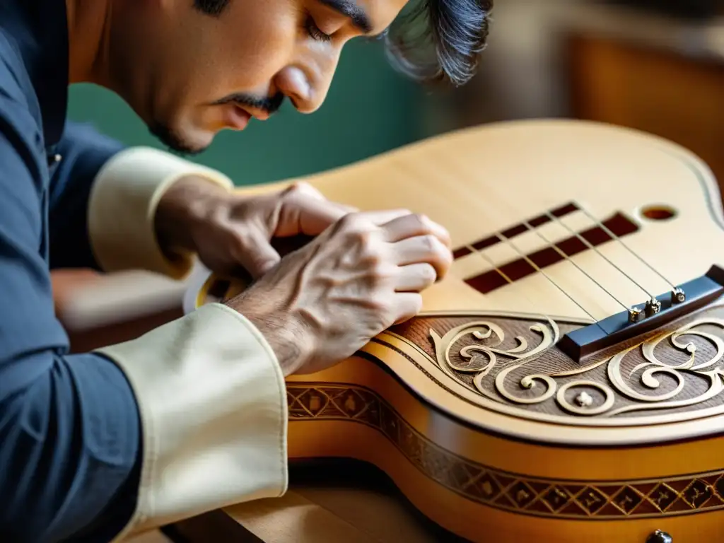 Un luthier experto restaura con precisión una guitarra vintage, resaltando las técnicas de restauración para guitarras