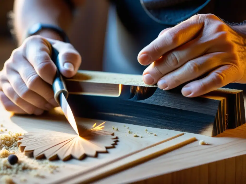 Un luthier experto esculpe con precisión una madera quemada, mostrando la artesanía en la construcción de instrumentos musicales con madera quemada