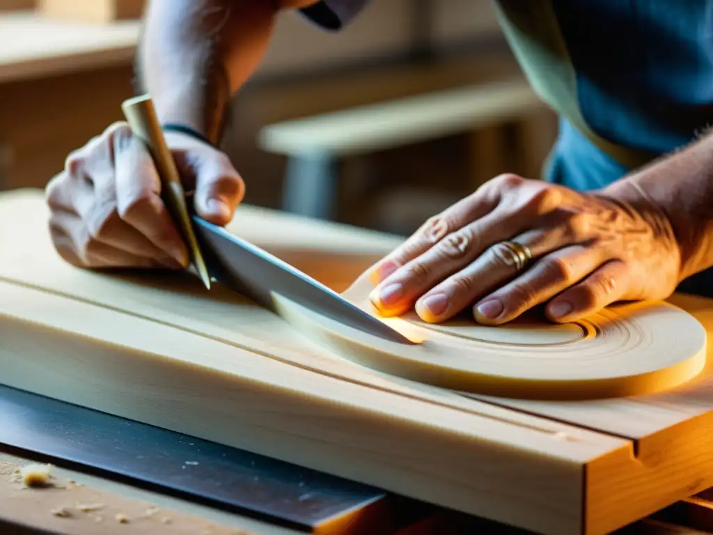 Un luthier experto moldea con precisión una madera sostenible para el cuerpo de una guitarra