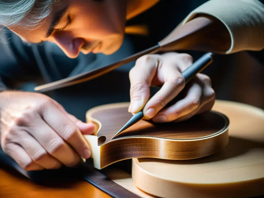 Un luthier experto esculpe con precisión la madera para dar forma a un violín, mostrando la influencia de la madera en instrumentos musicales