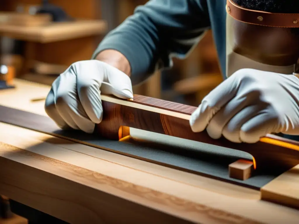 Luthier artesano esculpe con maestría el mástil de una guitarra Un luthier experto moldea con precisión un mástil de guitarra, resaltando la artesanía en innovaciones recientes en guitarras
