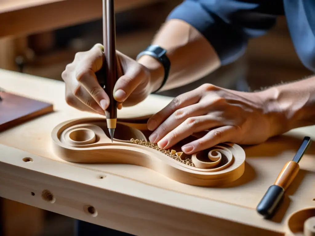 Un luthier experto moldea con precisión una pieza de madera para crear un violín, resaltando la importancia práctica conjunta orquesta escolar