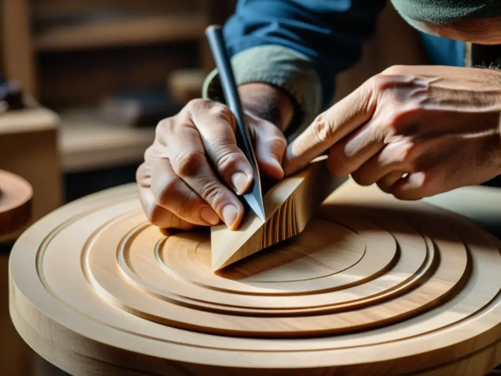 Un luthier experto esculpe con precisión una pieza de madera sostenible para construir un instrumento de cuerda ecológico