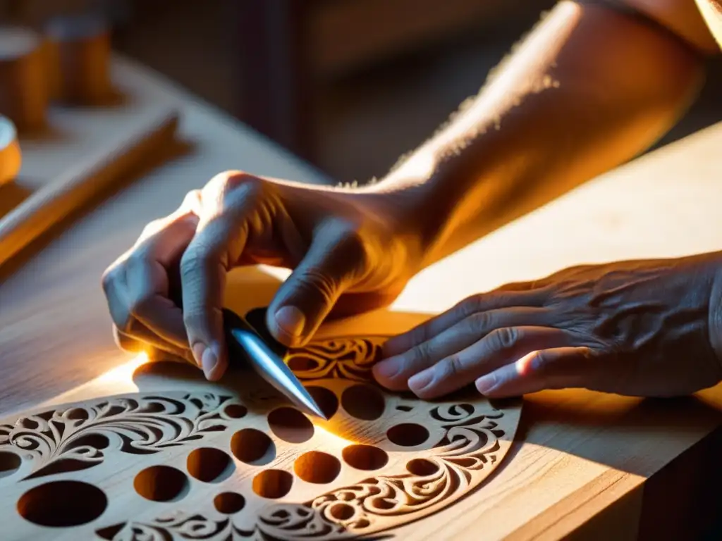 Un luthier experto tallando con precisión el requinto jarocho, rodeado de virutas de madera, en un taller iluminado cálidamente