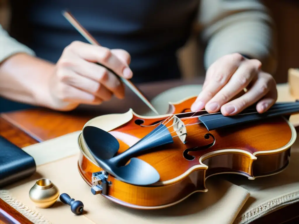 Un luthier experto restaura con precisión la tapa armónica de un violín antiguo, resaltando la importancia de la acústica en instrumentos musicales