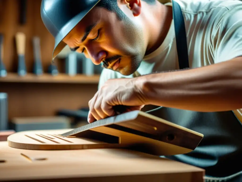 Un luthier experto moldea con precisión un traste de guitarra a mano, resaltando la artesanía en la fabricación de trastes