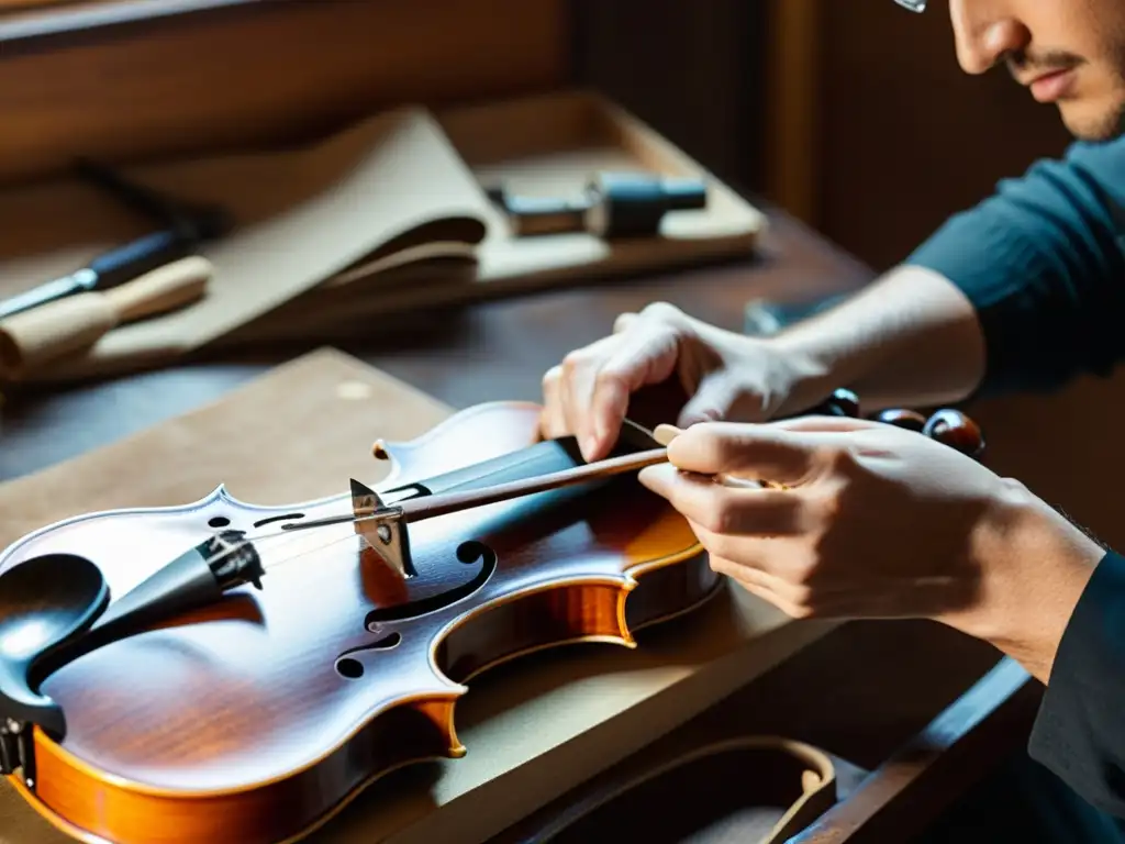 Un luthier experto restaura con precisión una viola vintage, resaltando las técnicas de restauración para guitarras