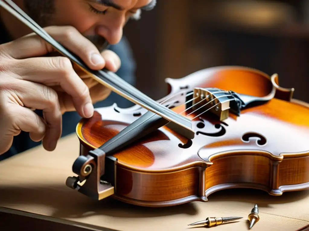 Un luthier experto restaura con precisión una viola antigua, resaltando la destreza y las técnicas de restauración para guitarras