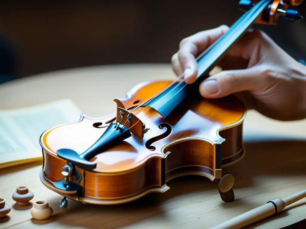 Un luthier experto restaura con precisión un violín antiguo, evocando la dedicación y maestría en la restauración de instrumentos de cuerda