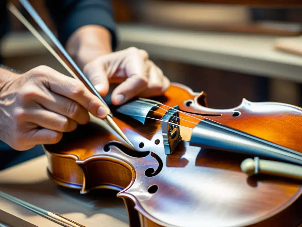 Un luthier experto restaura con precisión un violín vintage, destacando la meticulosa restauración de instrumentos de cuerda míticos