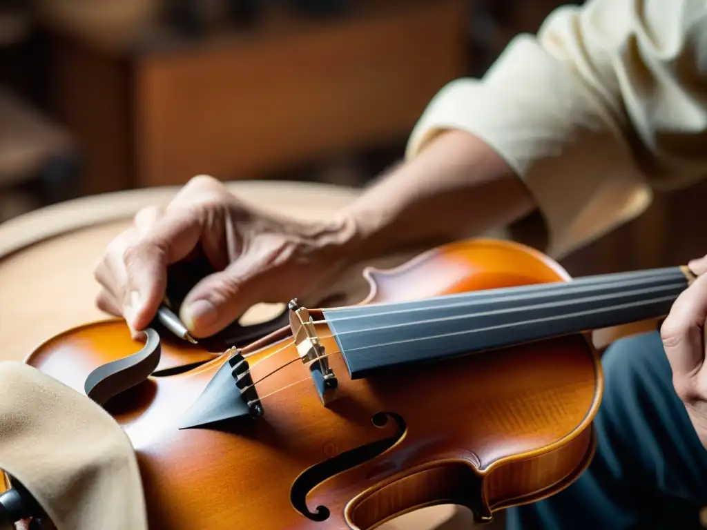 Un luthier experto restaura con precisión un violín centenario, mostrando la importancia cultural de la restauración en cada detalle de la madera