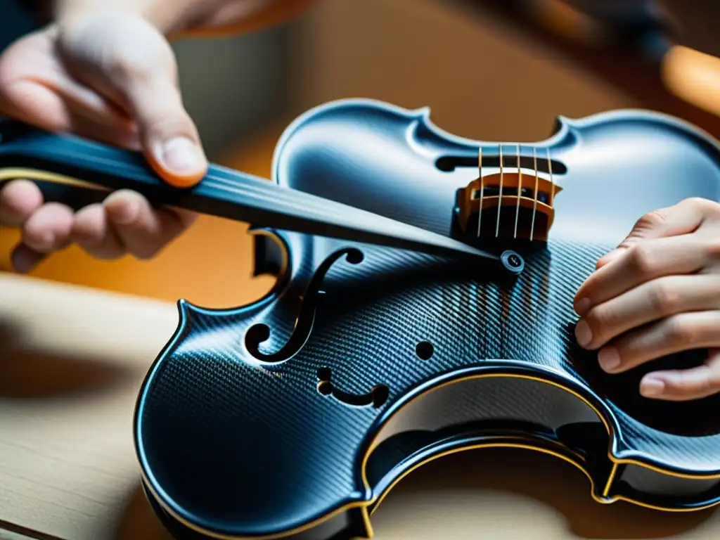 Un luthier experto elabora con precisión un violín de fibra de carbono, resaltando los beneficios de este material para instrumentos musicales