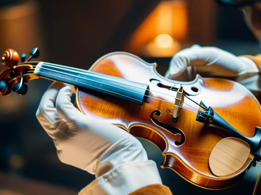 Un luthier experto restaura con precisión un violín antiguo, resaltando la artesanía y la calidez de la restauración de instrumentos musicales