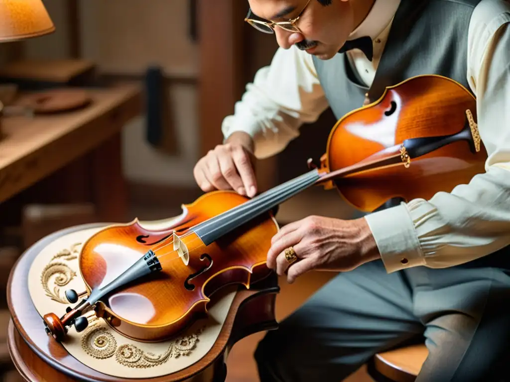 Un luthier experto restaura con precisión un violonchelo vintage, mostrando la dedicación de los grandes restauradores de instrumentos musicales