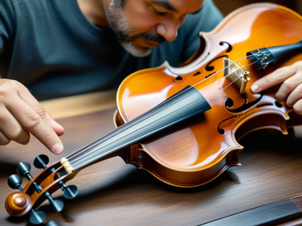 Restauración experta de violín centenario con precisión artesanal Un luthier experto documentando en restauración de instrumentos musicales con precisión y dedicación, resaltando la artesanía de un violín centenario